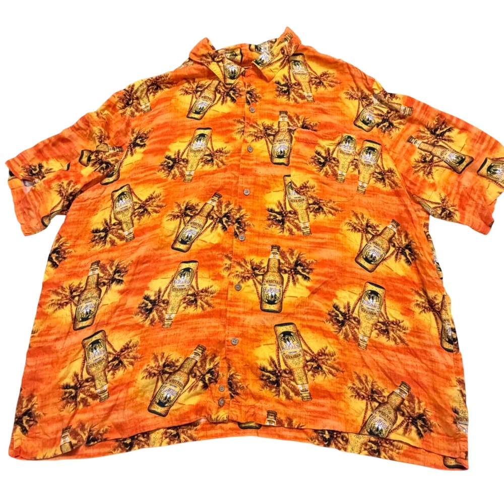 George Mens 3XL Orange Beer Bottle Palm Tree Rayon Hawaiian Camp Shirt‎ Tropical